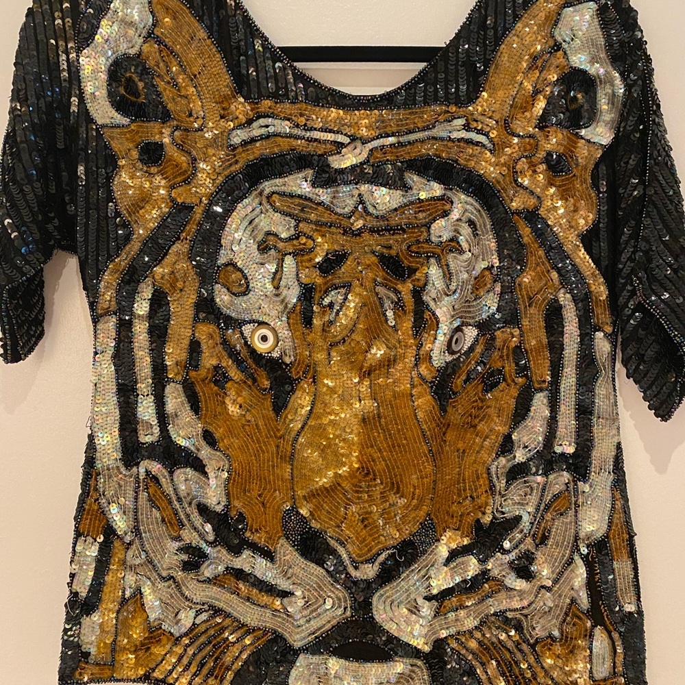Vintage sequin and beaded tiger print top